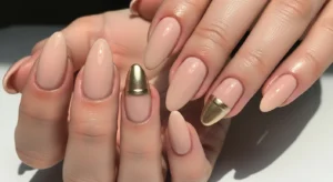 Almond Nails with Thin Gold Line Accent