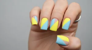 Lemon and Blue Color Block Nails