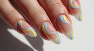 Lemon and Blue Swirl Nails