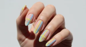 Lemon and Blue Thin Stripe Nails