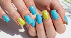 Sky Blue Nails with Lemon Glitter Accent