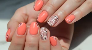 Peach Coral with White Floral Art