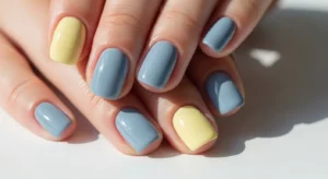 Soft Lemon and Dusty Blue Short Nails