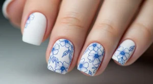 Minimal White Base with Blue Line Flowers