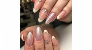 Pink Glitter Base French Nails