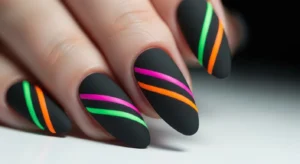 Neon Stripes on Dark Nails