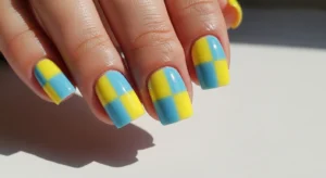 Lemon and Blue Checkerboard Nail Art