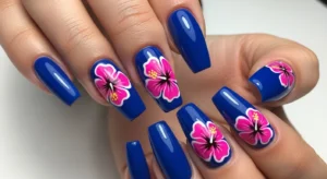 5. Bold Blue Base with Bright Pink Hibiscus