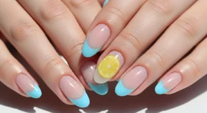 Blue French Tips with Lemon Slice Accent