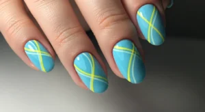 Blue Nails with Lemon Abstract Lines