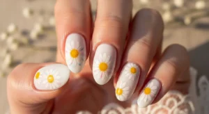 Milky White Daisy Nails