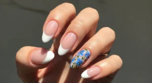 French Tip with Blue Floral Accent