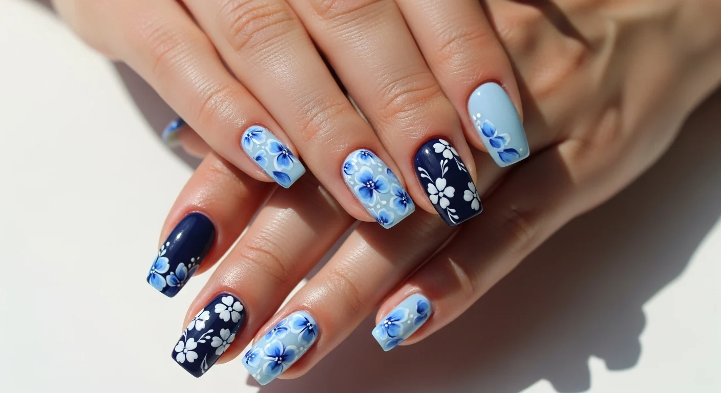 14 Blue and White Floral Nail Design Ideas