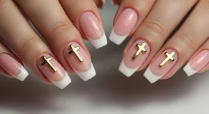 Minimal Cross Charm Pink Nails