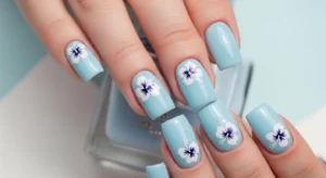 Baby Blue Nails with White Hibiscus