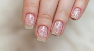 Nude Nails with Minimal Hibiscus Outline