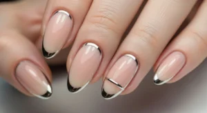 Chrome cuticle outline design on nude nails with minimal style
