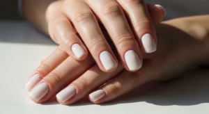 Glazed donut chrome nails with soft pearly shine and natural finish