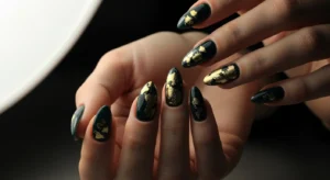 Dark Green Nails with Gold Foil