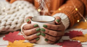 Olive green fall nails on dark skin with matte finish