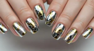 Chrome nails with foil effect and textured metallic finish