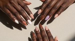 Almond nail ideas on dark skin featuring soft nude, pink, and glossy minimalist nail designs