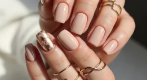 Beige Nails with Gold Foil Accent