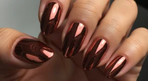 Copper chrome nails on dark skin with metallic shine