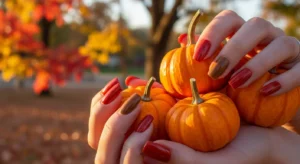 Burnt orange and pumpkin nail ideas for cozy Thanksgiving nails