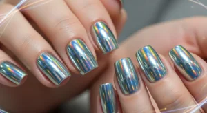 Holographic chrome nails with rainbow reflective shine