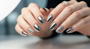 Chrome nails with animal print design and metallic shine