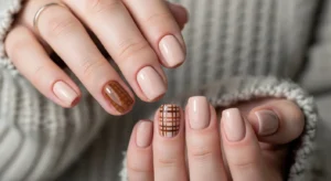 Plaid accent nail design Thanksgiving cozy nails