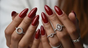 Wine red almond nails on dark skin for fall elegance
