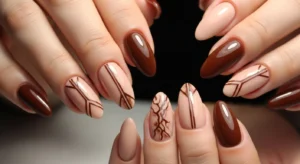 Glossy nude and brown nails, hands holding a coffee mug, warm cozy setting