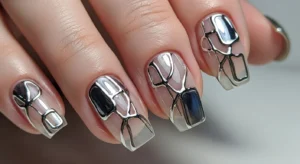 Abstract chrome nail design with artistic metallic shapes