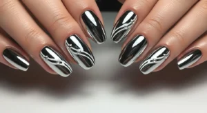 Chrome nails with simple minimal nail art and small details
