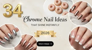 Chrome nail ideas collage featuring silver, rose gold, glazed donut, and French tip chrome nail designs in a soft glam aesthetic