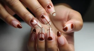 Negative space fall nails on dark skin with brown details