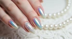Pearl chrome nails with soft iridescent and elegant finish