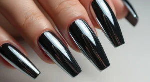 Long coffin chrome nails with mirror-like reflective finish