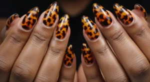 Tortoiseshell fall nails on dark skin with amber and brown pattern