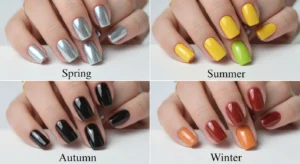 Seasonal chrome nail colors in pastel, summer, fall, and winter tones