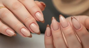 Brown French tip almond nails soft fall nail idea