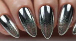 Chrome nails with subtle glitter base for added shine and texture