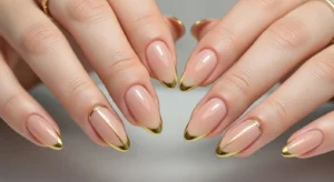 Almond nails with gold accent line elegant nail idea