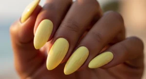 Light yellow almond nails soft bright color for dark skin