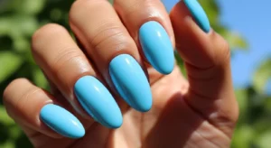 Baby blue almond nails on dark skin fresh and modern look