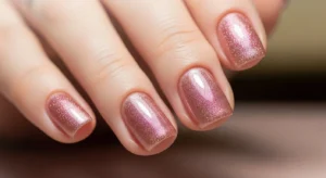 Short nails with rose gold pink shimmer finish