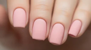 Short pink nails decorated with small heart designs for a cute look