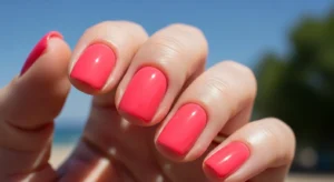 Short coral pink nails with fresh summer look